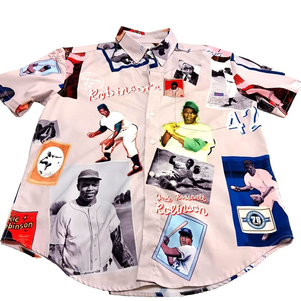 RSVLTS Jackie Robinson Scrapbook Brooklyn Dodger 42 Kunuflex Button Down Medium